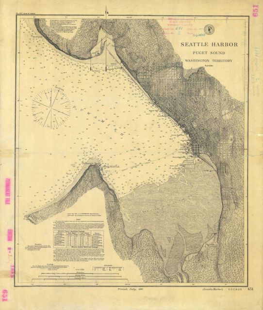 Nautical chart of Seattle Harbor showing growth of Seattle to Lake Union with the annotation on Lake Union, 