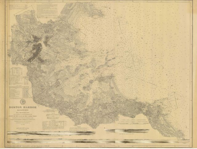 Nautical chart of Boston Harbor, edition of 1869 reissued in in May 1889. Picture