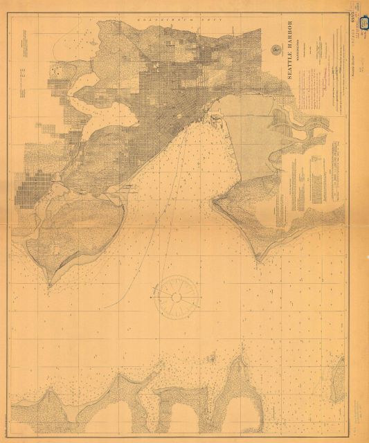 Nautical chart of Seattle Harbor showing growth of city to surround Lake Union starting growth along Lake Washington Picture