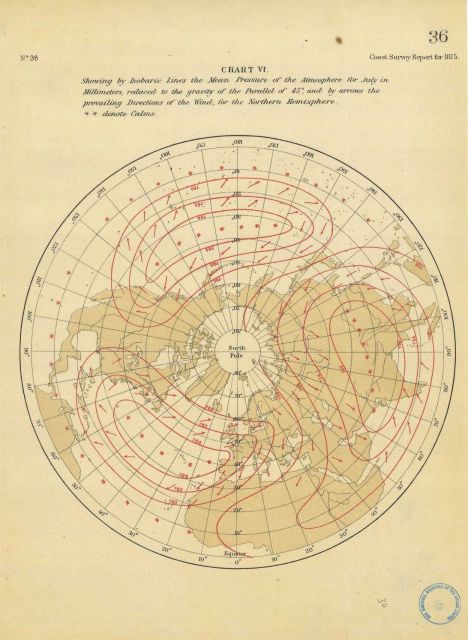 Map showing by isobaric lines the mean annual pressure of the atmosphere for July in millimeters by William Ferrel Picture