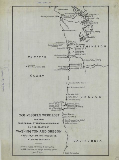 Map showing some of the 266 vessels lost on the coasts of Washington and Oregon by foundering, stranding, and burning between 1906 and 1916. Picture