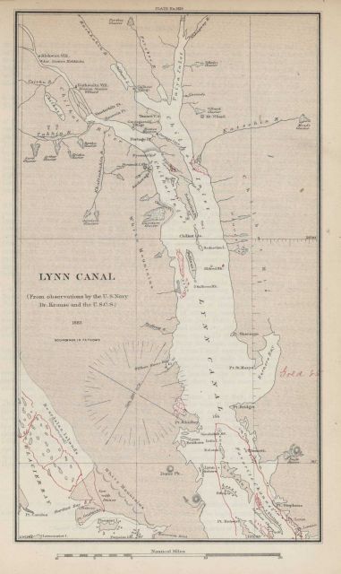 Map showing Davidson Glacier, Chilkoot Inlet and village, and location of George Davidson's Astronomic Station Kohkluks on the Chilkat River. Picture