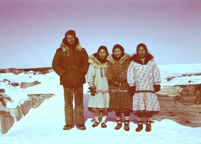 Harley Nygren with a group of Eskimos at Brownlow Point across from Flaxman Island. Picture