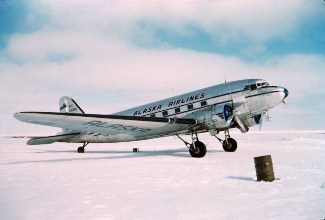 Large planes with conventional landing gear can land on the sea ice A DC-3 offshore at Tigvariak Island Picture