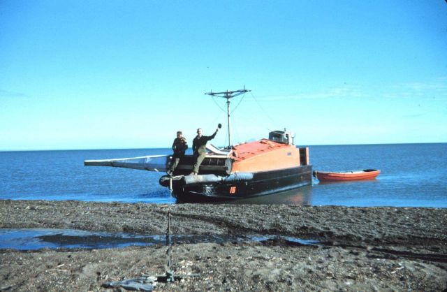 Launch 15 with a navigation buoy ready to be anchored offshore Guided Navy LST's to Oliktok Point Camp. Picture