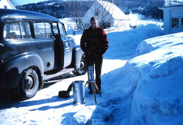 Harley Nygren with gravity meter - Even when in the Lower 48 he was sent to cold places. Picture