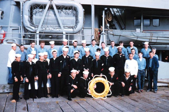 The crew of the PATHFINDER - the year following this picture, crew navy-style uniforms were no longer mandatory for crew and chiefs. Picture