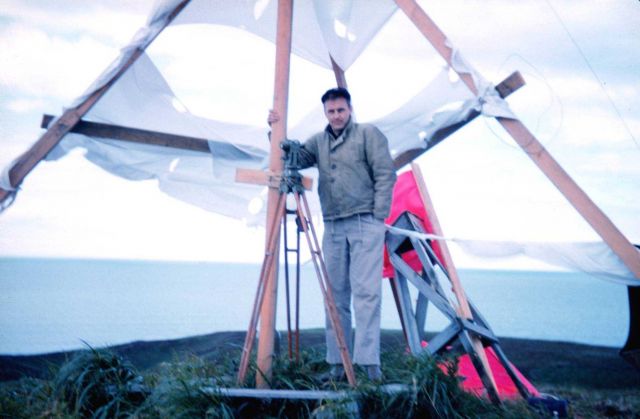 Lieutenant Commander Harley Nygren turning angles on the Alaska Peninsula It looks like a chilly September day. Picture