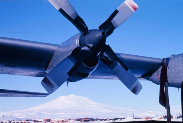 Mount Erebus framed under the plane's wing at Williams Field Picture