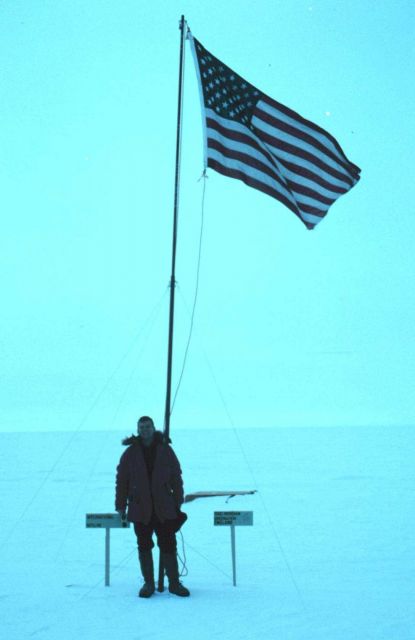 United States flag marks the geographic South Pole. Picture