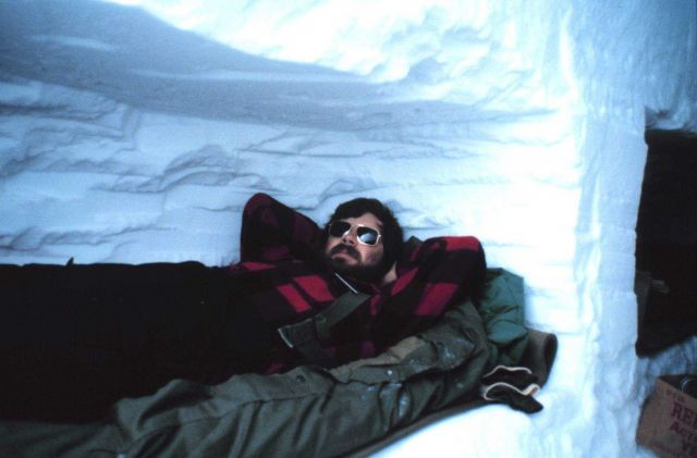 Taking a little snooze in a well-designed and constructed ice shelter. Picture