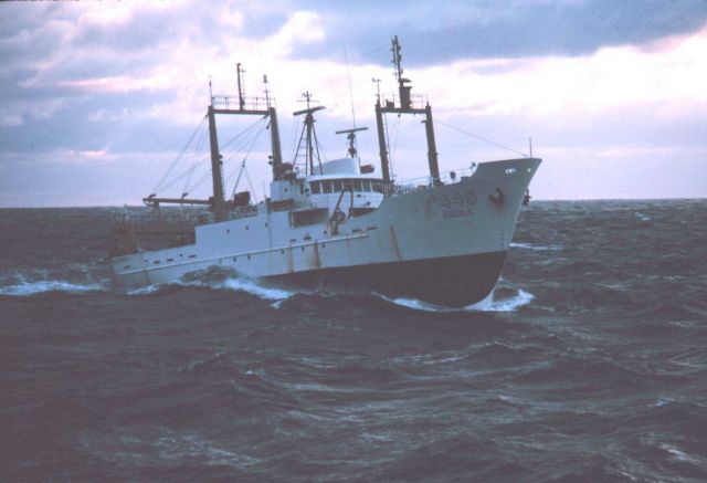 The DELAWARE II just before slamming down into an oncoming swell. Picture
