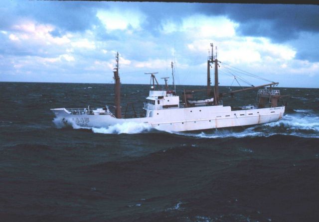 The DELAWARE II headed down into a swell. Picture