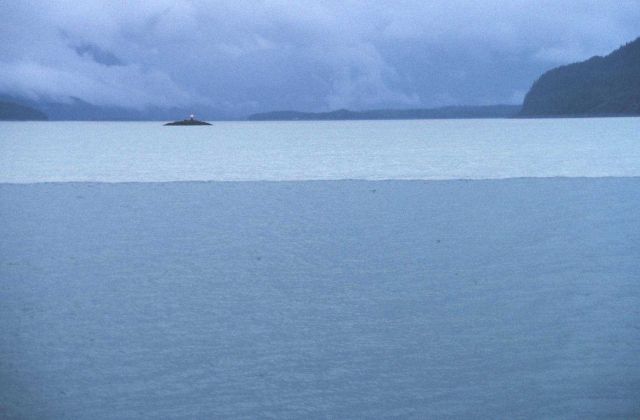 An abrupt change in water characteristics at the point where glacial melt-water meets oceanic water Picture