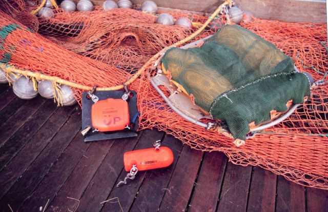 Acoustic sensors used with net mensurations system -- sensors measure depth and opening of trawl net. Picture