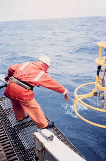 Retrieving Conductivity-Temperature-Depth measuring instrument after a lowering. Picture