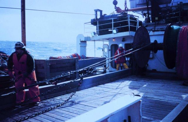 Beginning of haulback of net at the end of a trawl. Picture