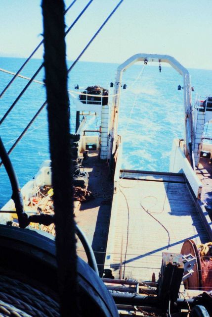A view of the trawl deck with the net out. Picture