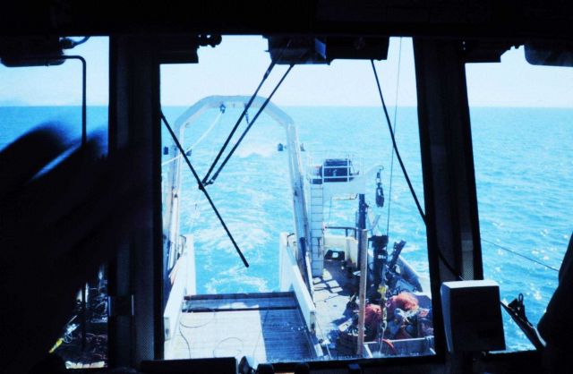 A view of the trawl deck with the net out. Picture