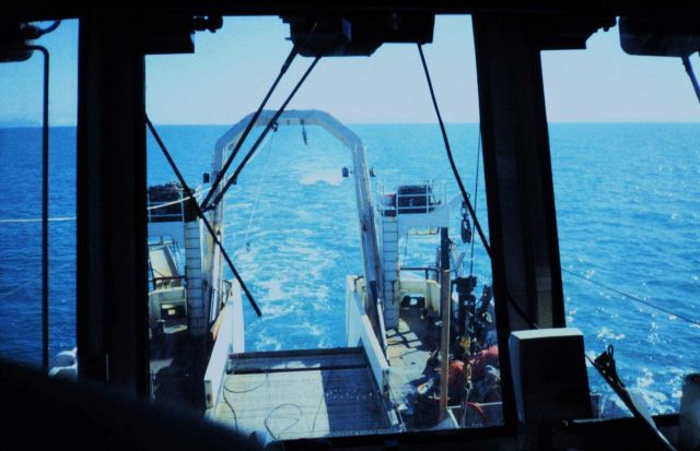 A view of the trawl deck with the net out. Picture