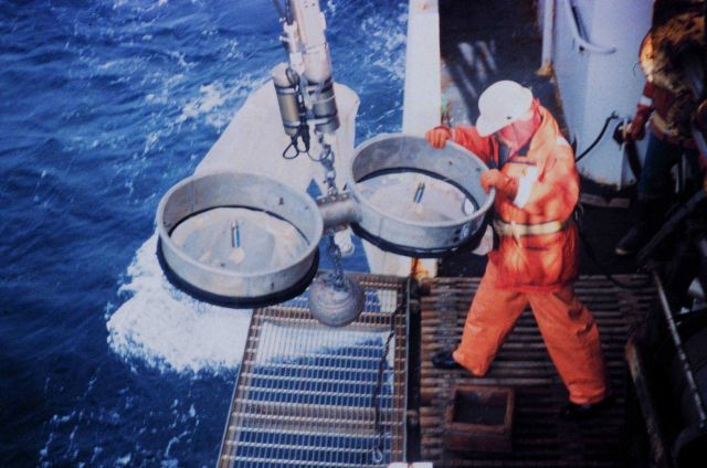 Checking speed and distance towed sensor in Bongo nets after a tow. Picture