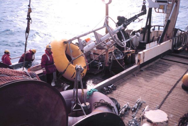 Meteorological buoy ready for deployment off of MILLER FREEMAN. Picture