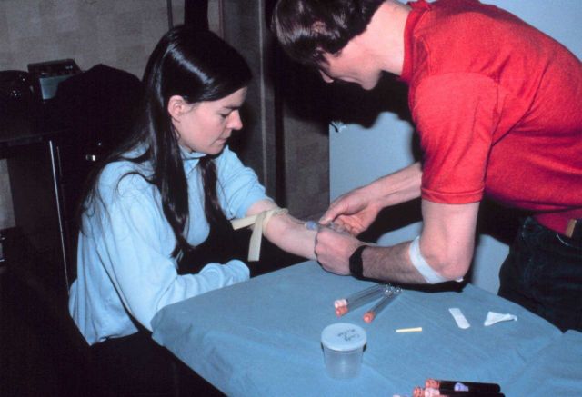 Lieutenant Cindy McFee having blood drawn as part of medical experiment. Picture