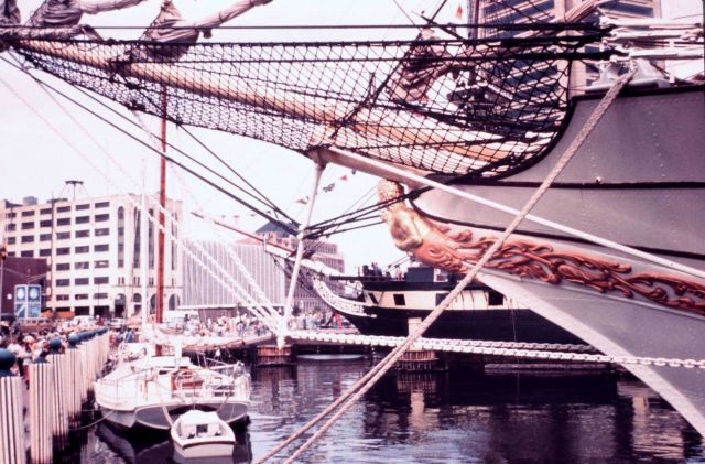 The bow of the DANMARK, Danish tall ship, tied up in Manhattan Picture