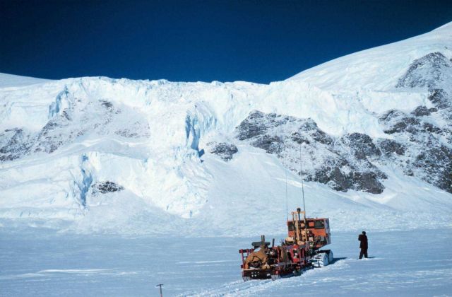 Tractor stopped while looking for crevasses on glacier McMurdo Station to South Pole traverse Picture