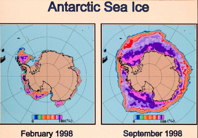 Antarctic sea ice cover in February 1998 and September 1998 Picture