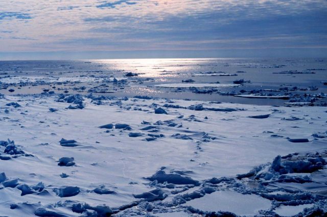 Looking over broken sea ice to open water. Picture