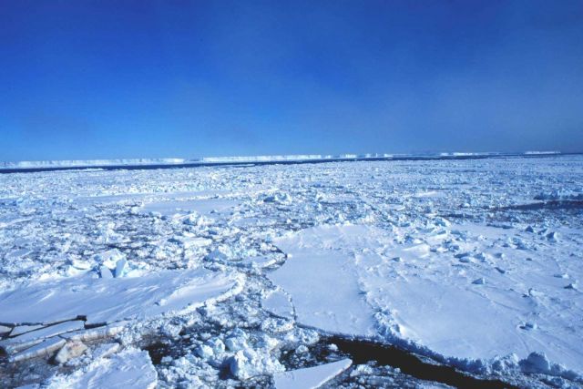 Looking over broken sea ice to the Ross Ice Shelf. Picture