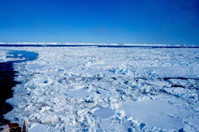 Looking over broken sea ice to the Ross Ice Shelf. Picture