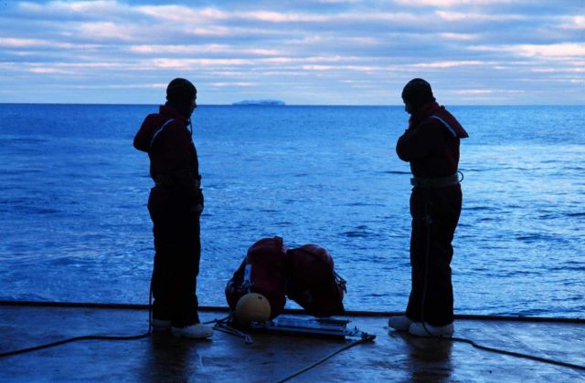 Mooring deployment from the fantail of the National Science Foundation , Research Ice Breaker, NATHANIEL B Picture