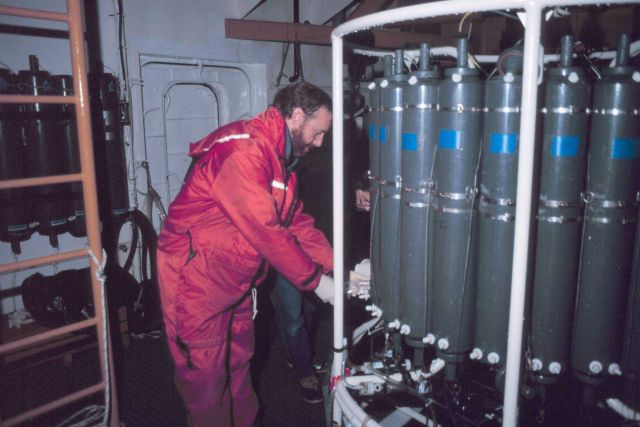 Water samples being drawn from the CTD Rosette on the National Science Foundation, Research Ice Breaker, NATHANIEL B Picture