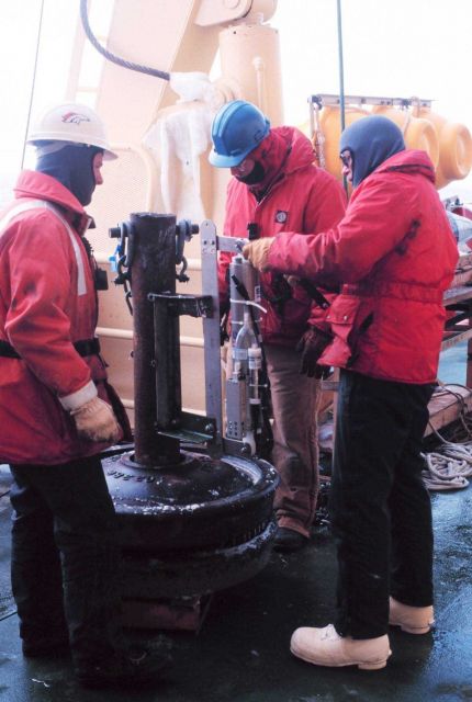 Makeshift profiling Conductivity/Temperature/Depth profiler using a SeaBird 21 recording CTD on a trainwheel. Picture