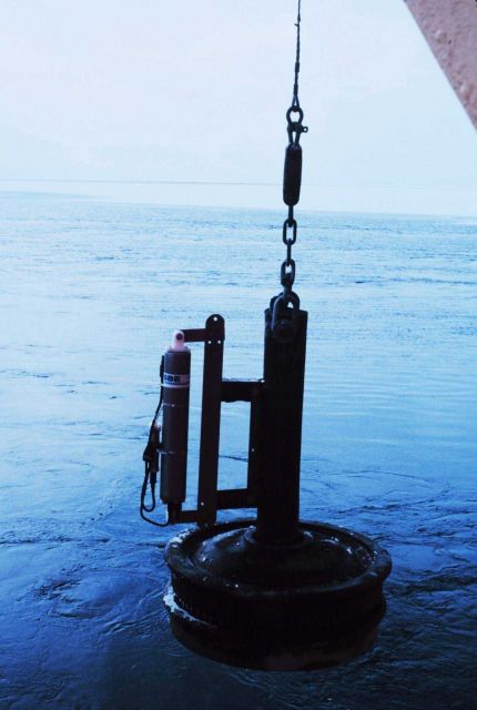 Makeshift profiling Conductivity/Temperature/Depth profiler using a SeaBird 21 recording CTD on a trainwheel. Picture