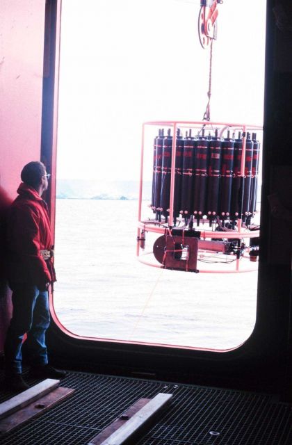 Deploying the Conductivity/Temperature/Depth (CTD) and rosette water sampler through the baltic room door of the NATHANIEL B Picture