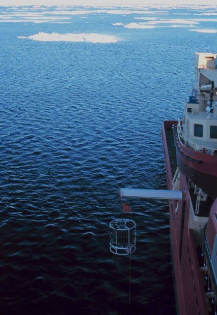 Conductivity/Temperature/Depth instruments and rosette water sampler being deployed from the baltic room of the NATHANIEL B Picture