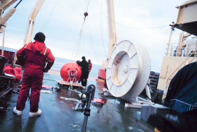 Deploying an upward looking RDI acoustic doppler current profiler on a mooring along the Ross Ice Shelf in the Ross Sea Picture