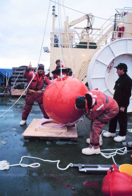 Deploying an upward looking RDI acoustic doppler current profiler on a mooring along the Ross Ice Shelf in the Ross Sea Picture