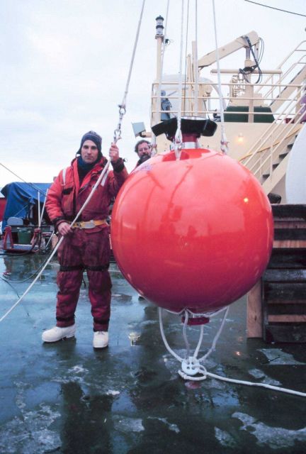 Deploying an upward looking RDI acoustic doppler current profiler on a mooring along the Ross Ice Shelf in the Ross Sea Picture