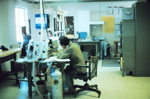 Inside the observatory calibrating the 4-wavelength nephelometer. Picture