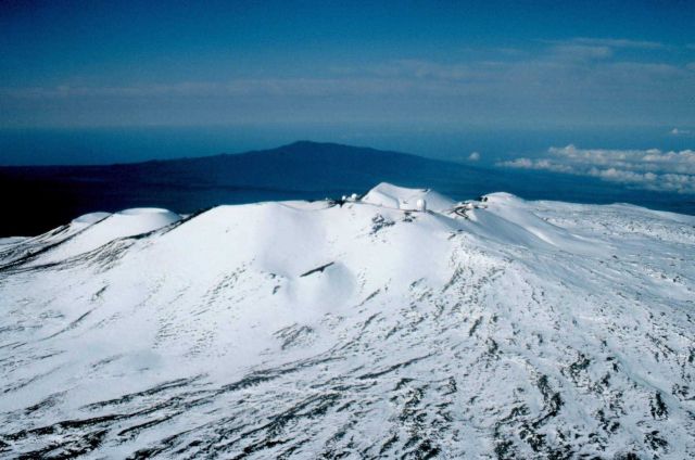 The Mauna Kea astronomical observatories as seen from the air in winter Picture