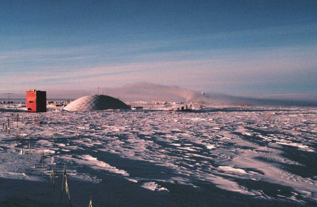 The geodesic dome and skylab as seen from the old Clean Air Facility at South Pole Station. Picture