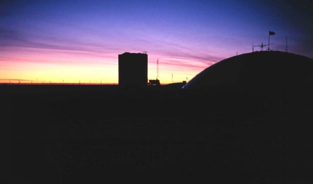 Sunset over the station in the austral fall of 1997. Picture