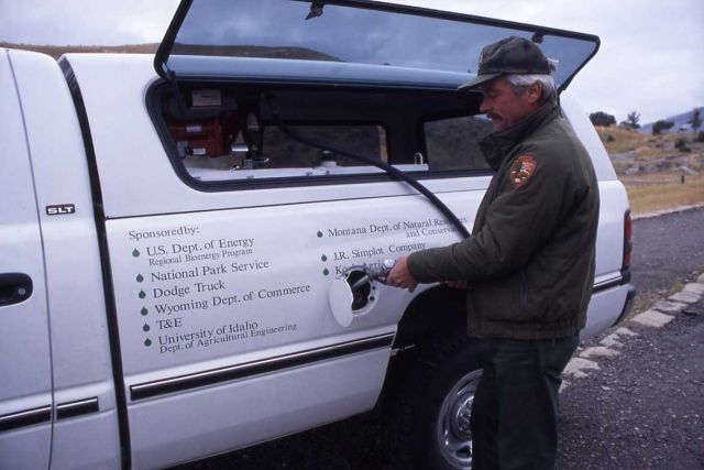 Jim Evanoff fueling bio-diesel truck in Mammoth Hot Springs Picture