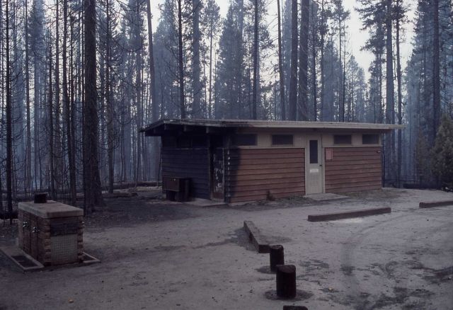 Damaged restroom at Grant Village campground Picture