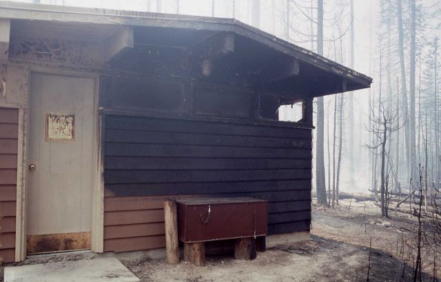 Damaged restroom at Grant Village campground Picture