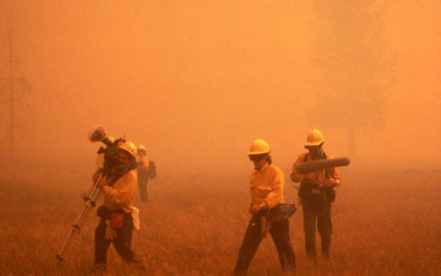 Film crew carrying equipment in dense smoke - media Picture